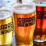 Close-up view of assorted 10 Barrel Brewing Co beers in glasses showcasing vibrant colors and refreshing foam.