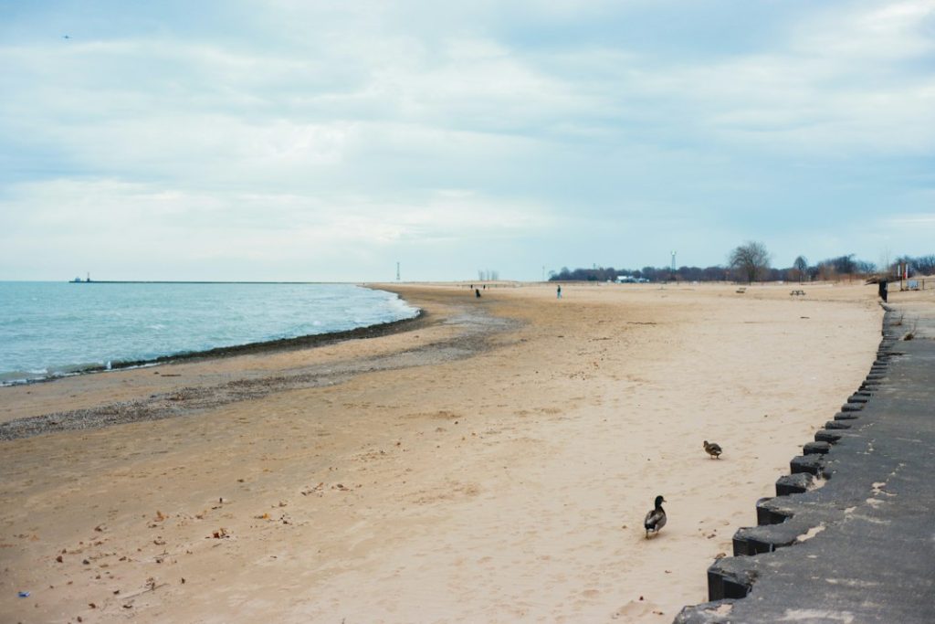 An empty beach meets the ocean under a cloudy sky