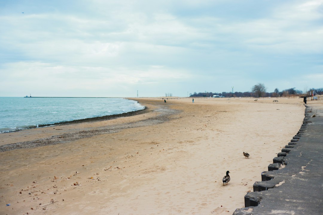 An empty beach meets the ocean under a cloudy sky
